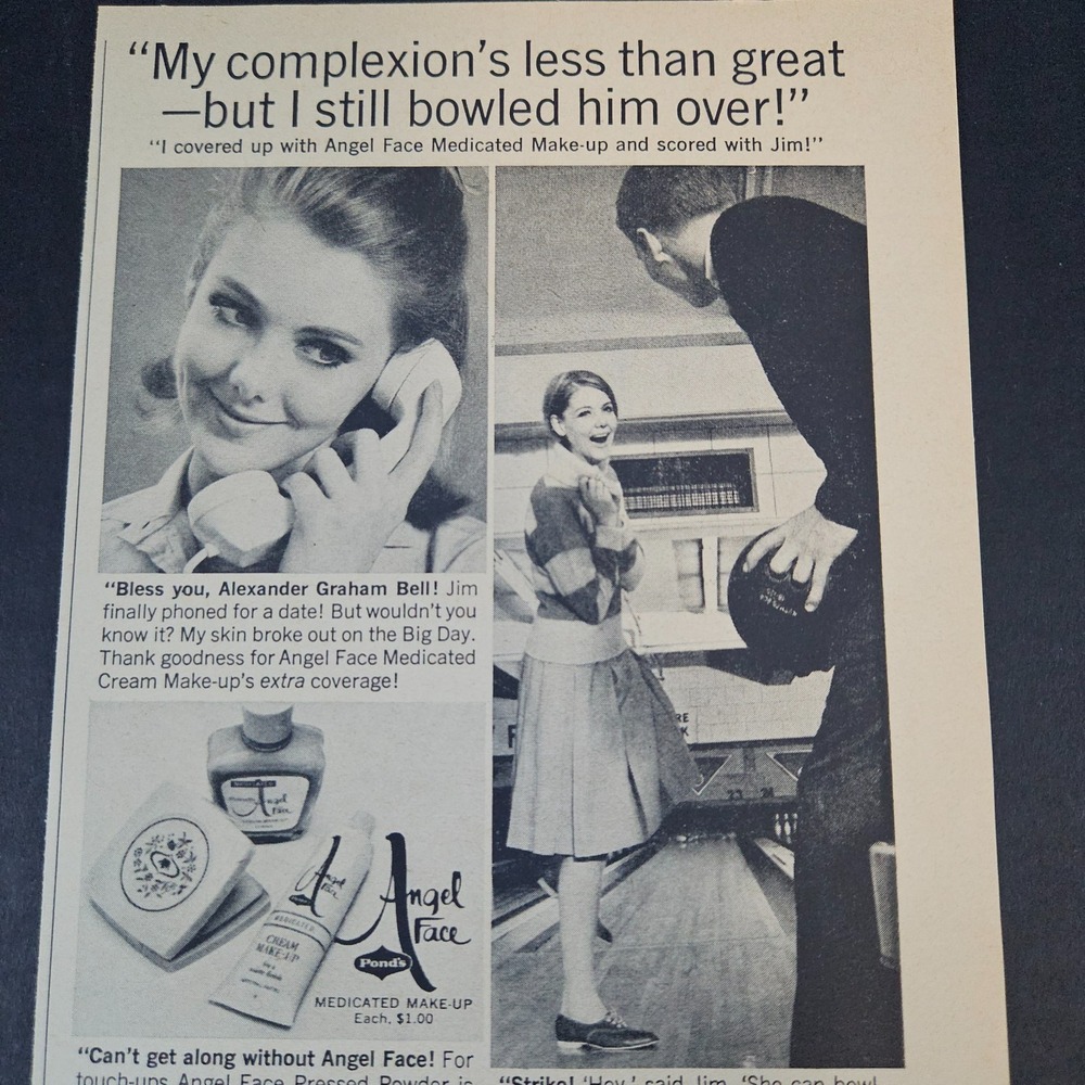 1964 Ponds Angel Face Medicated Makeup Cosmetics Vintage Print Ad Pressed Powder